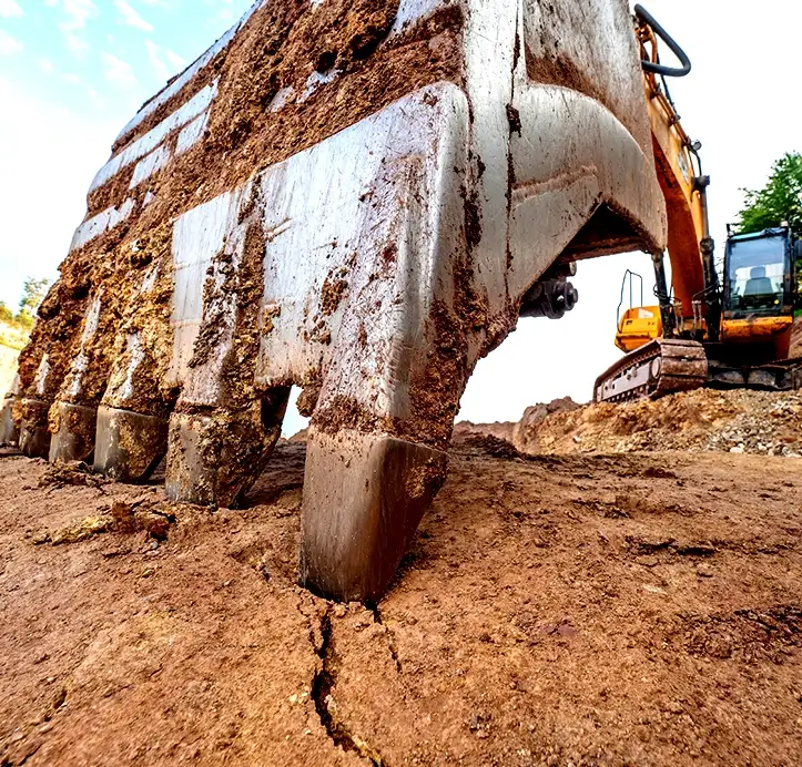 Excavator bucket digging soil at a construction site